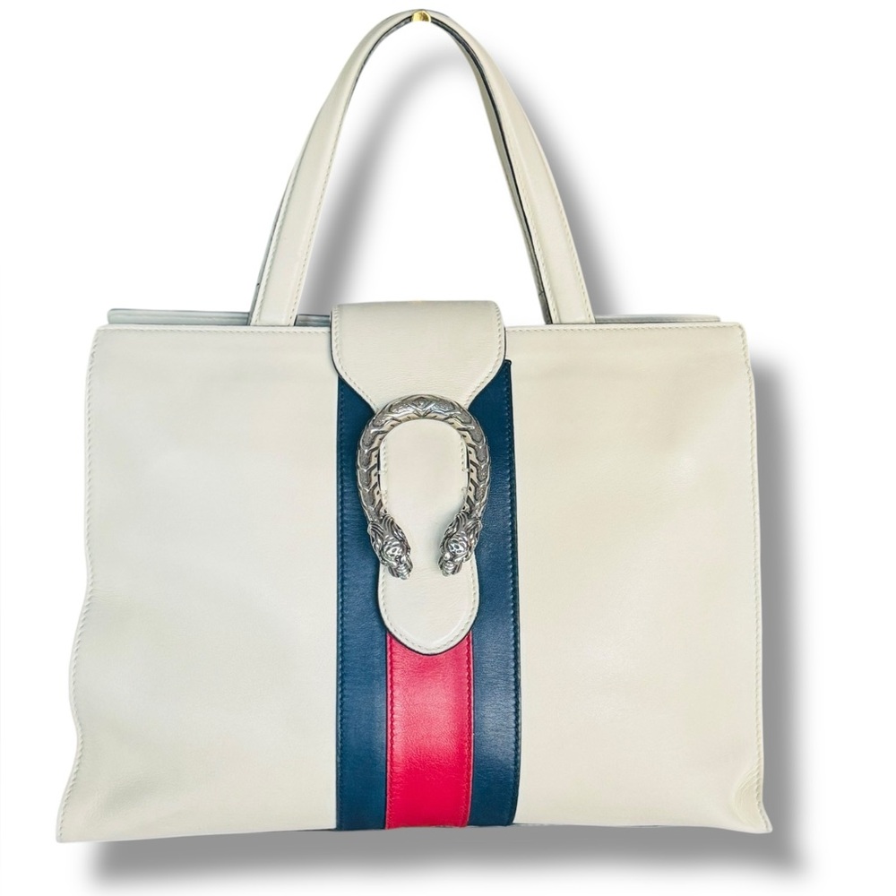 Gucci Dionysus Medium Shopping Tote Off-White Calfskin Leather Silver Tiger Web